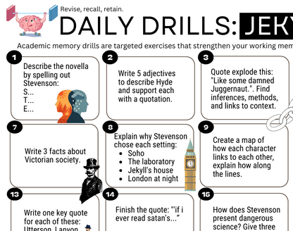 An educational poster titled 'DAILY DRILLS: JEKYL' with numbered memory drill questions about Charles Dickens' 'The Novella' and other vocabulary/grammar exercises, shown on a white background with a blue header.