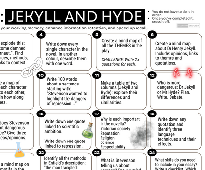 A black and white educational poster titled 'Jekyll and Hyde' with numbered activity panels and text prompts for studying and memory retention.