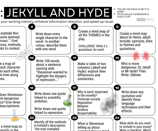 A black and white educational poster titled 'Jekyll and Hyde' with numbered activity panels and text prompts for studying and memory retention.
