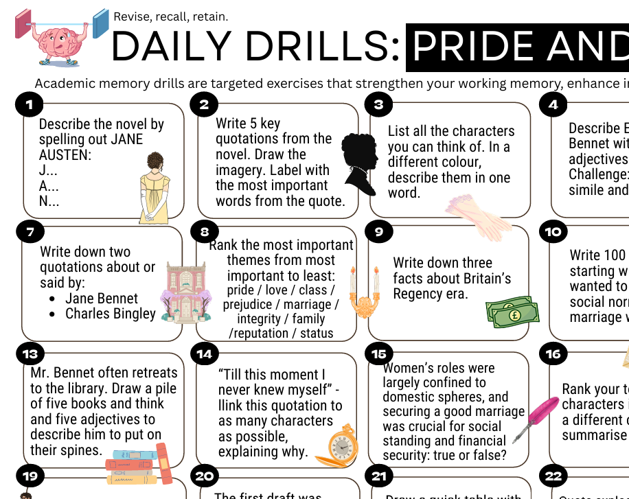 An educational poster titled 'DAILY DRILLS: PRIDE AND ANXIETY' with a colorful grid of memory drills, including spelling, writing, quoting, ranking, and drawing prompts, along with small cartoon illustrations and a checklist at the bottom.