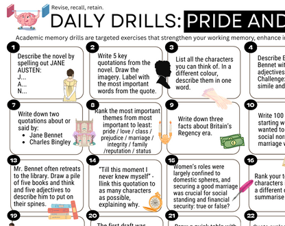 An educational poster titled 'DAILY DRILLS: PRIDE AND ANXIETY' with a colorful grid of memory drills, including spelling, writing, quoting, ranking, and drawing prompts, along with small cartoon illustrations and a checklist at the bottom.