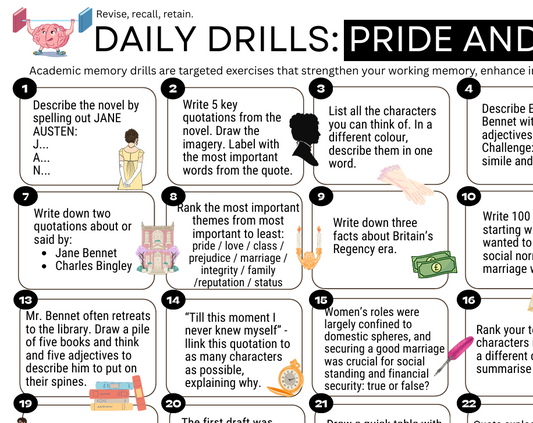An educational poster titled 'DAILY DRILLS: PRIDE AND ANXIETY' with a colorful grid of memory drills, including spelling, writing, quoting, ranking, and drawing prompts, along with small cartoon illustrations and a checklist at the bottom.