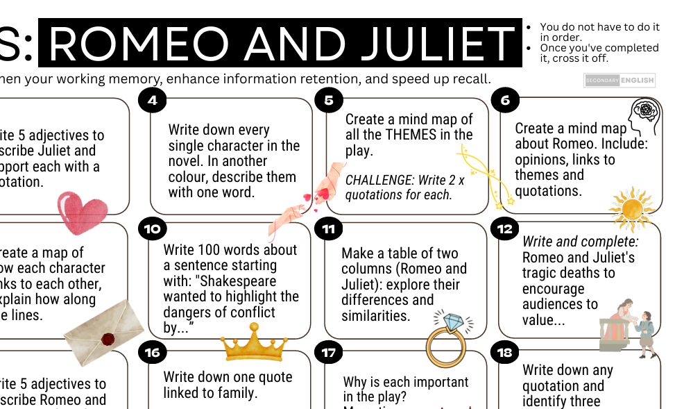 An educational poster titled 'ROMEO AND JULIET' with a black header and numbered activity panels from 1 to 18, featuring writing, mapping, and quote-completion tasks. The design uses white panels with black text, red hearts, pink roses, and small yellow sun icons on a light gray background.