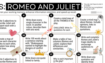 An educational poster titled 'ROMEO AND JULIET' with a black header and numbered activity panels from 1 to 18, featuring writing, mapping, and quote-completion tasks. The design uses white panels with black text, red hearts, pink roses, and small yellow sun icons on a light gray background.