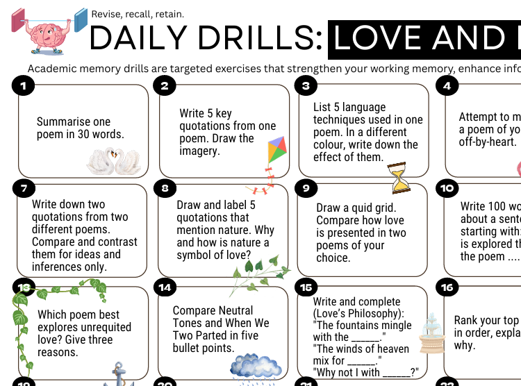 Daily Drills: Love and Relationships Anthology Poetry, Revise, recall retain.