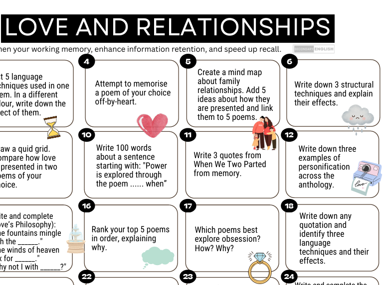 Daily Drills: Love and Relationships Anthology Poetry, Revise, recall retain.