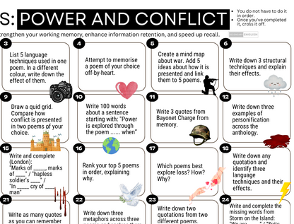 A black-and-white educational poster titled 'POWER AND CONFLICT' with numbered activity panels from 1 to 28, plus a small note at the top right. The design includes simple illustrations such as a camera, heart, cat, castle, and map, on a white background with black text.