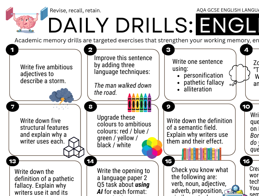 Daily Drills: GCSE English Language Paper 1 + 2. Revise, recall, retain.