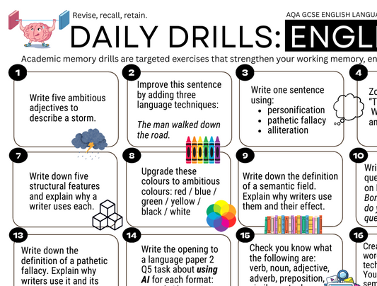 Daily Drills: GCSE English Language Paper 1 + 2. Revise, recall, retain.