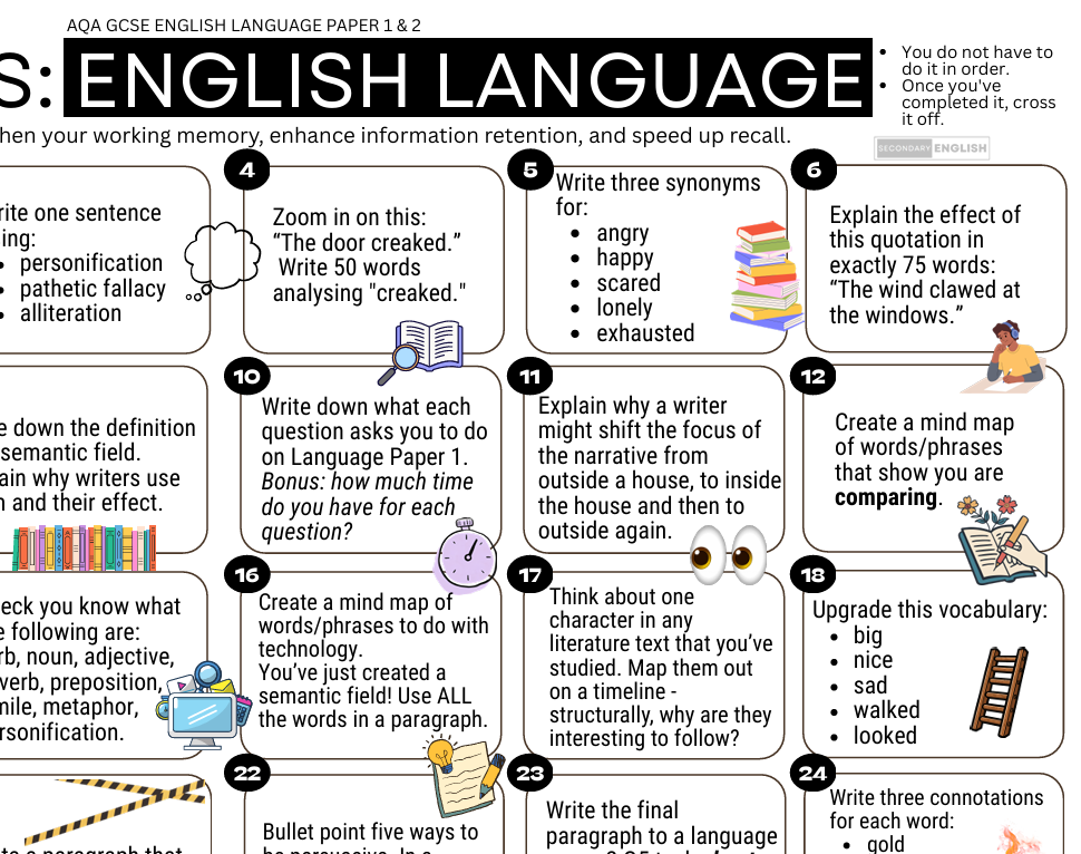 A printed English Language Paper 1 & 2 study guide titled 'MKS: ENGLISH LANGUAGE PUZZLE' with numbered activity panels and explanatory text on a white background.