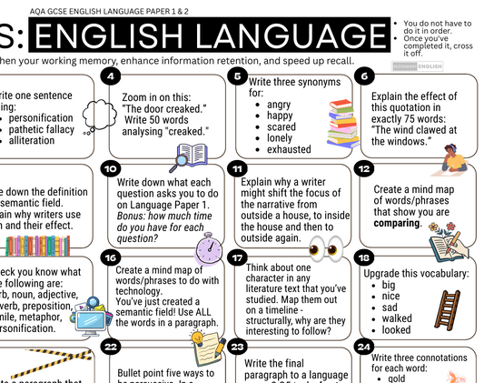A printed English Language Paper 1 & 2 study guide titled 'MKS: ENGLISH LANGUAGE PUZZLE' with numbered activity panels and explanatory text on a white background.