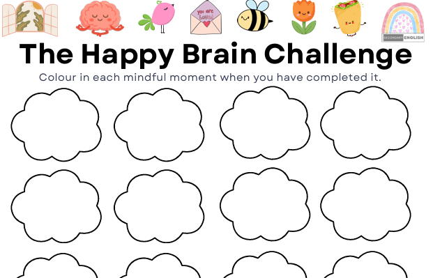 A printable activity sheet titled 'The Happy Brain Challenge' with small colorful cartoon icons across the top and 12 blank cloud boxes below for writing or coloring.