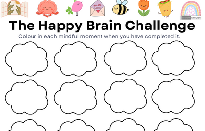 A printable activity sheet titled 'The Happy Brain Challenge' with small colorful cartoon icons across the top and 12 blank cloud boxes below for writing or coloring.