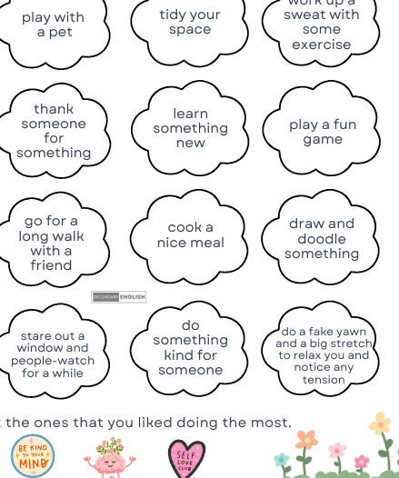 A printable worksheet or card featuring multiple cloud-shaped bubbles with short activity or phrase prompts, such as 'play with a pet,' 'tidy your space,' and 'thank someone for something.' The bottom text reads 'the ones that you liked doing the most.