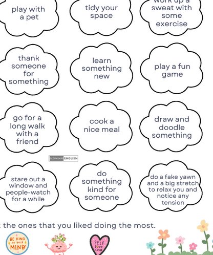 A printable worksheet or card featuring multiple cloud-shaped bubbles with short activity or phrase prompts, such as 'play with a pet,' 'tidy your space,' and 'thank someone for something.' The bottom text reads 'the ones that you liked doing the most.