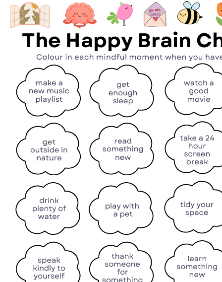 A printable activity sheet titled 'The Happy Brain Ch' with small cartoon illustrations along the top and a grid of cloud-shaped bubbles containing positive prompts such as 'make a new music playlist,' 'get enough sleep,' 'read something new,' and 'thank someone for something.'.