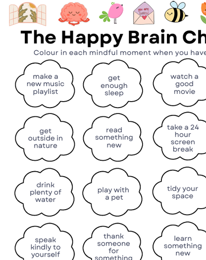 A printable activity sheet titled 'The Happy Brain Ch' with small cartoon illustrations along the top and a grid of cloud-shaped bubbles containing positive prompts such as 'make a new music playlist,' 'get enough sleep,' 'read something new,' and 'thank someone for something.'.