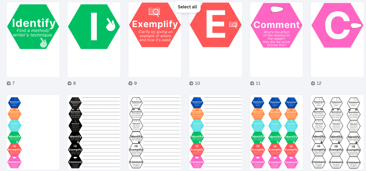 A digital preview sheet showing a set of educational flashcards or study guides. The top row displays five green hexagonal cards with titles like 'Identify', 'Exemplify', 'E', 'Comment', and 'C'.