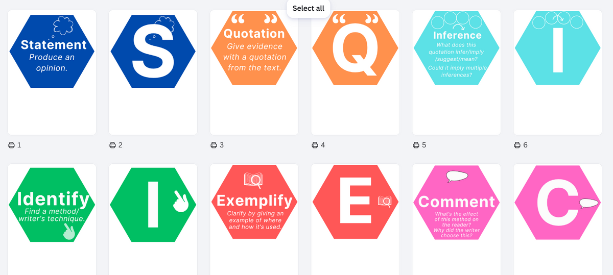A grid of colorful educational icons or tiles labeled with reading comprehension terms such as Statement, Quotation, Inference, Identify, Exemplify, Comment, and C, shown on a light gray background.