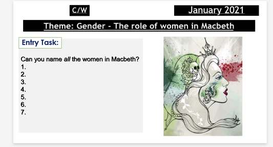 A digital preview of a C/W (Classwork/Weekwork) worksheet titled 'Theme: Gender - The role of women in Macbeth' dated January 2021. The worksheet features an entry task with a numbered list and a watercolor illustration of a crowned queen on the right.