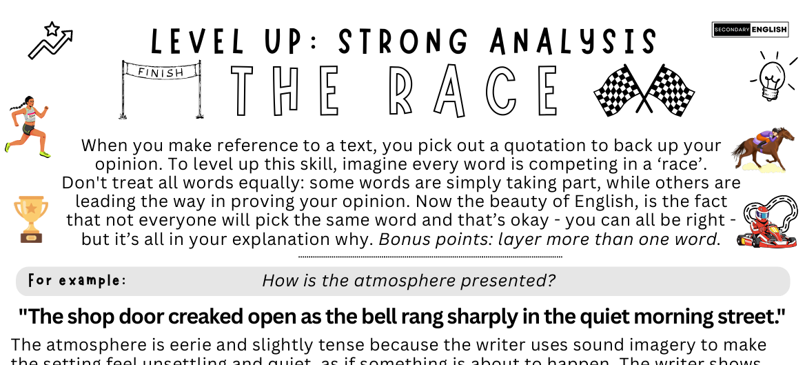 A text-based English learning worksheet titled 'LEVEL UP: STRONG ANALYSIS THE RACE' with instructional content, example text, and small illustrations including a runner, a checkered bow tie, a light bulb, and a clock.