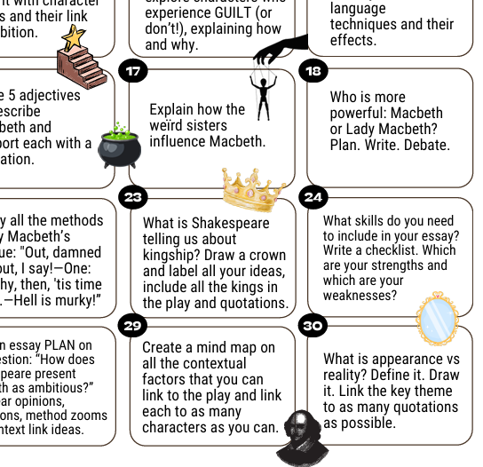 A 30-step educational game board or poster titled 'Macbeth Character & Theme Mapping Activity' with numbered boxes, black-and-white illustrations, and text prompts about Shakespeare's Macbeth, including adjectives, adverbs, witches, kings, language techniques, and essay planning.