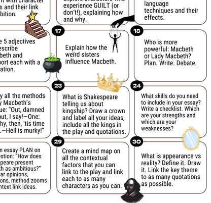 A 30-step educational game board or poster titled 'Macbeth Character & Theme Mapping Activity' with numbered boxes, black-and-white illustrations, and text prompts about Shakespeare's Macbeth, including adjectives, adverbs, witches, kings, language techniques, and essay planning.