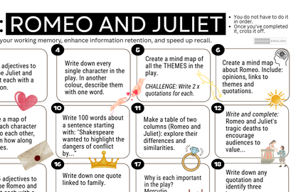 A Roman numeral-based memory recall sheet titled 'ROMEO AND JULIET' with numbered prompts from IV to XII, including writing words, creating mind maps, and quoting from Shakespeare. The page has a white background with black text, small colored illustrations, and a black header bar.