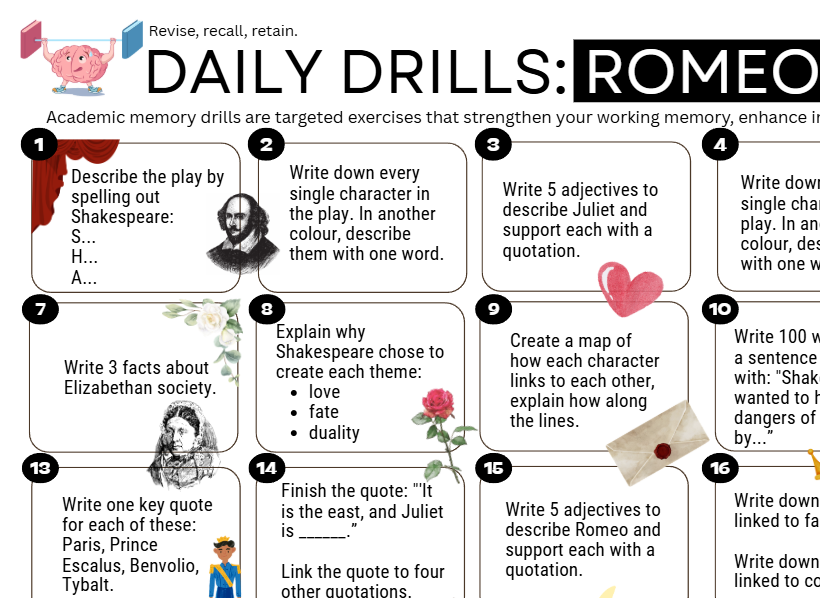 A printed educational worksheet titled 'DAILY DRILLS: ROMEO' with 16 numbered activity boxes for Shakespeare-related memory drills, including writing adjectives, describing the play, and quoting lines from Romeo and Juliet.