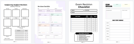 Four printable revision planner pages shown side by side on a white background: a Subject-by-Subject Revision sheet, a Revision Checklist, an Exam Revision Checklist, and an Exam Revision template page.