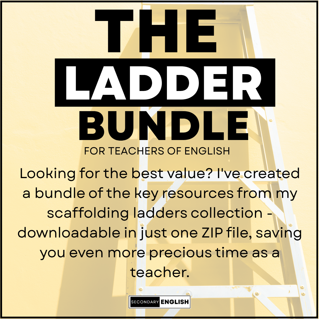 Promotional graphic for a digital educational resource bundle titled 'THE LADDER BUNDLE' for Teachers of English. The design features a light beige background with a faint graphic of a white ladder, bold black and white typography, and descriptive text about a downloadable zip file.