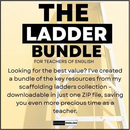 Promotional graphic for a digital educational resource bundle titled 'THE LADDER BUNDLE' for Teachers of English. The design features a light beige background with a faint graphic of a white ladder, bold black and white typography, and descriptive text about a downloadable zip file.
