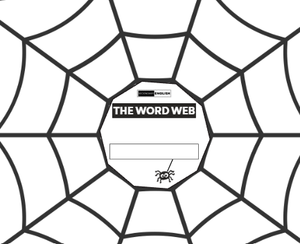 A black and white printable word web activity sheet featuring a spiderweb border, a central hexagonal writing area, and a small spider illustration.