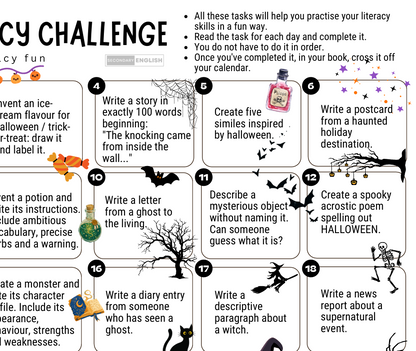 A Halloween-themed literacy activity sheet titled 'Halloween Literacy Challenge' with 16 numbered boxes containing writing prompts such as 'Write a story in exactly 100 words beginning: The knocking came from inside the wall.' and 'Write a postcard from a haunted holiday destination.