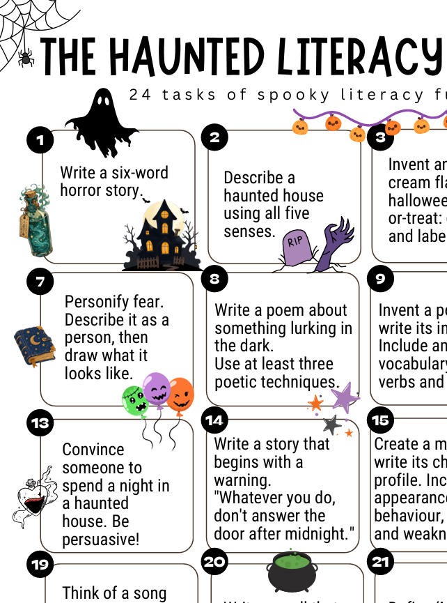 A Halloween-themed educational poster titled 'THE HAUNTED LITERACY' with 24 spooky literacy tasks, featuring black text on a white background with colorful illustrations of ghosts, pumpkins, a haunted house, balloons, and a cauldron.