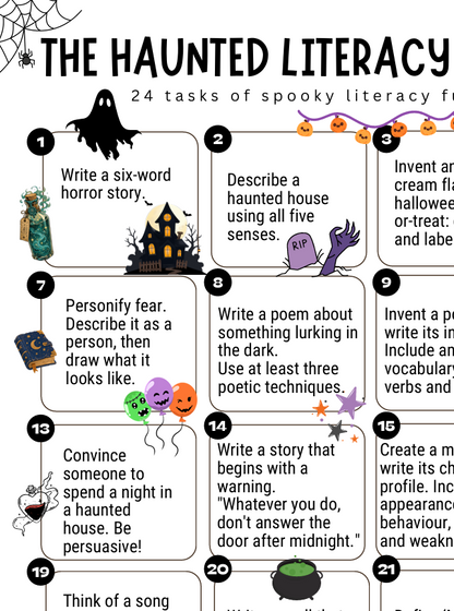 A Halloween-themed educational poster titled 'THE HAUNTED LITERACY' with 24 spooky literacy tasks, featuring black text on a white background with colorful illustrations of ghosts, pumpkins, a haunted house, balloons, and a cauldron.