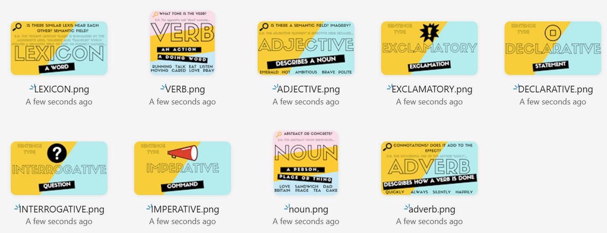 A grid of colorful educational poster-style thumbnails labeled with grammar terms such as EXICON, VERB, ADJECTIVE, EXCLAMATORY, DECLARATIVE, INTERROGATIVE, IMPERATIVE, noun, and adverb, each with a small icon and text indicating a downloadable PNG file.