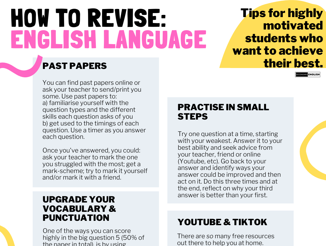 An educational infographic titled 'HOW TO REVISE: ENGLISH LANGUAGE' with six colored panels offering revision tips such as past papers, practice in small steps, vocabulary and punctuation, and YouTube & TikTok. The design uses a pastel color palette with pink, yellow, blue, and light gray sections, and includes the brand name 'The English Teacher' in the bottom right corner.