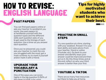 An educational infographic titled 'HOW TO REVISE: ENGLISH LANGUAGE' with six colored panels offering revision tips such as past papers, practice in small steps, vocabulary and punctuation, and YouTube & TikTok. The design uses a pastel color palette with pink, yellow, blue, and light gray sections, and includes the brand name 'The English Teacher' in the bottom right corner.