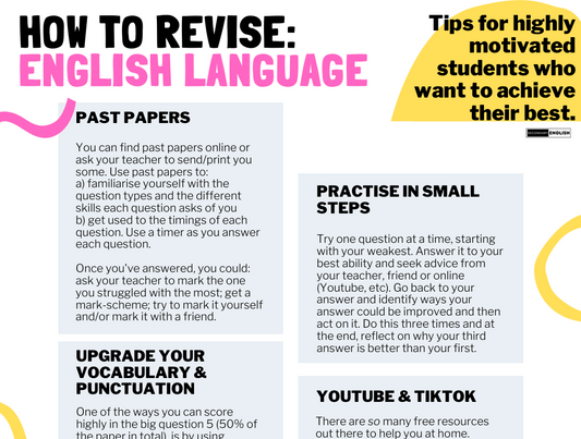 An educational infographic titled 'HOW TO REVISE: ENGLISH LANGUAGE' with six colored panels offering revision tips such as past papers, practice in small steps, vocabulary and punctuation, and YouTube & TikTok. The design uses a pastel color palette with pink, yellow, blue, and light gray sections, and includes the brand name 'The English Teacher' in the bottom right corner.