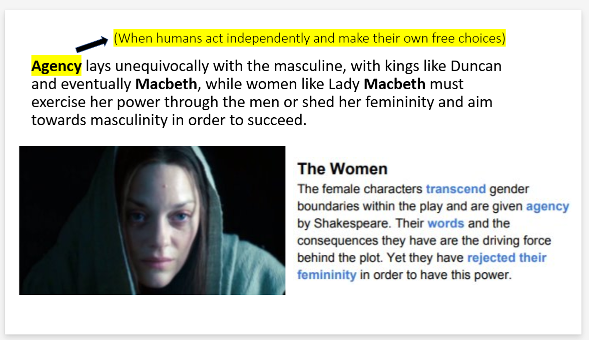 A text-based educational graphic with a quote about agency and gender, plus a small inset photo of a woman in a hoodie and a block of explanatory text about Shakespeare's 'The Women'.