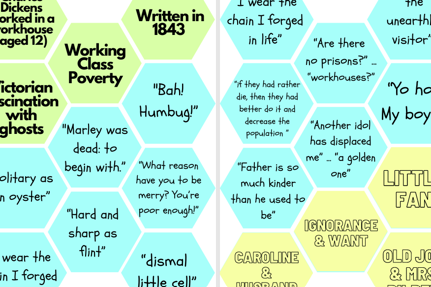 Hexagonal tiles with text excerpts and phrases from a book, set against a multicolored background.