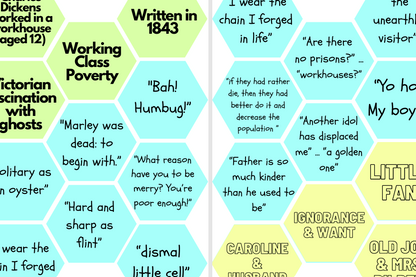 Hexagonal tiles with text excerpts and phrases from a book, set against a multicolored background.