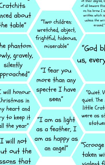 Text from a book or story with hexagonal tiles on a light blue background