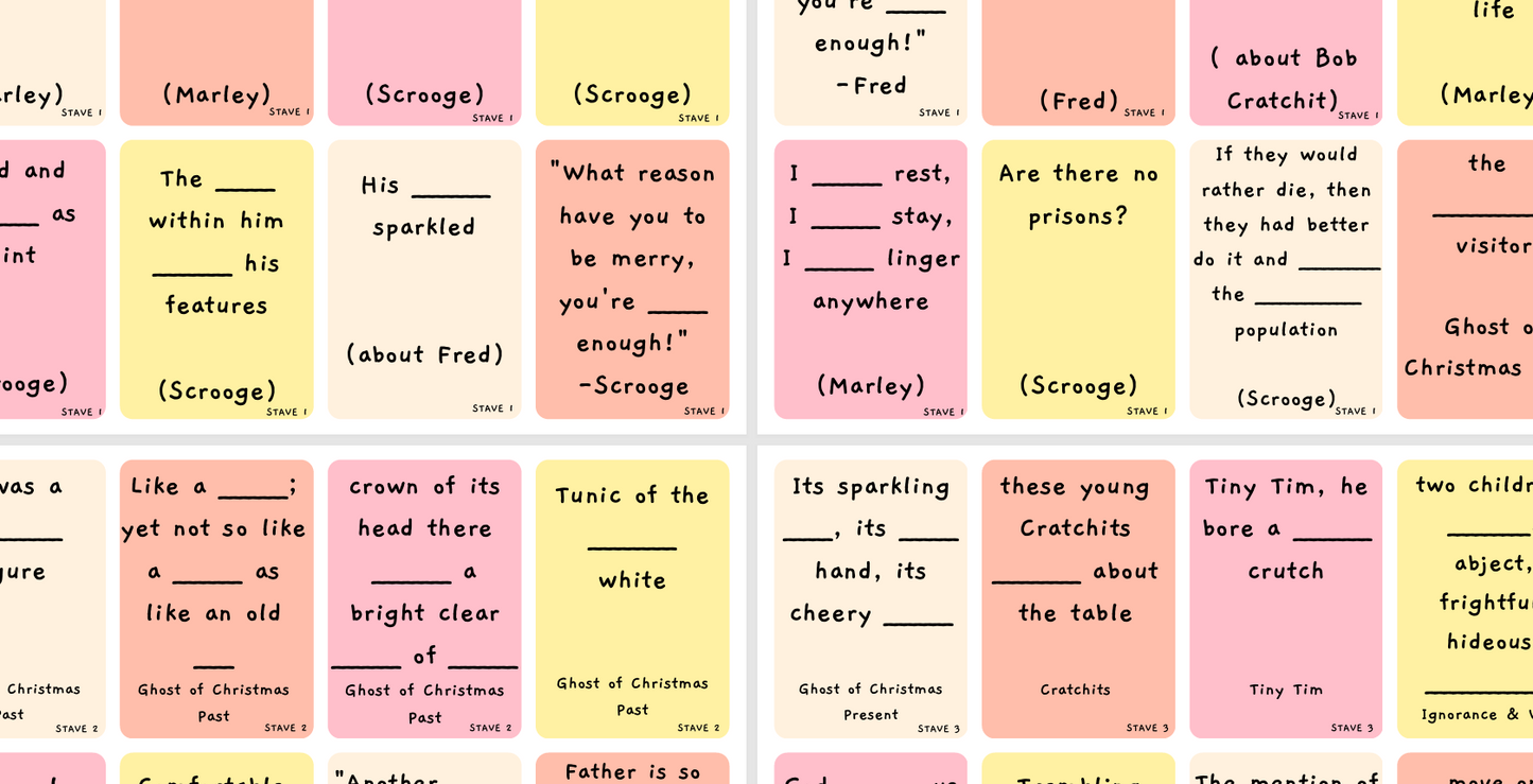 Colourful sticky notes with text excerpts and key quotations from a Christmas Carol, arranged in a grid.