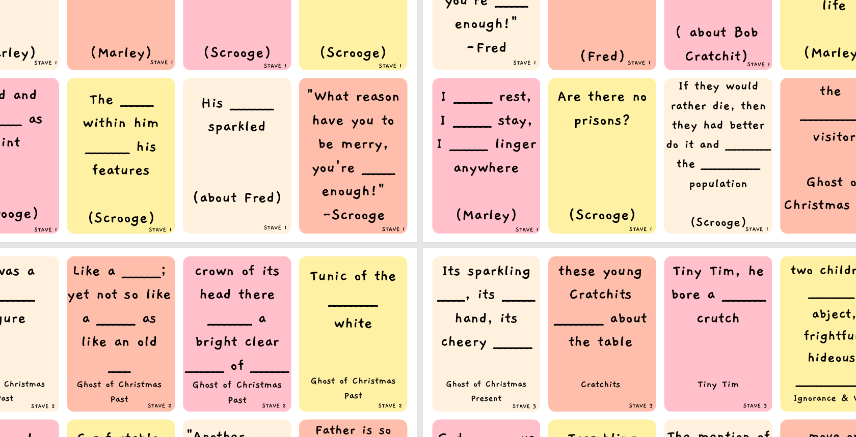Colourful sticky notes with text excerpts and key quotations from a Christmas Carol, arranged in a grid.