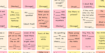 Colourful sticky notes with text excerpts and key quotations from a Christmas Carol, arranged in a grid.