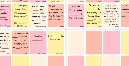 Colourful sticky notes with text excerpts and key quotations from a Christmas Carol, arranged in a grid.