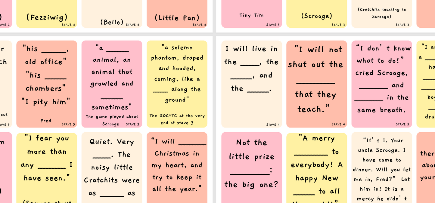Colourful sticky notes with text excerpts and key quotations from a Christmas Carol, arranged in a grid.