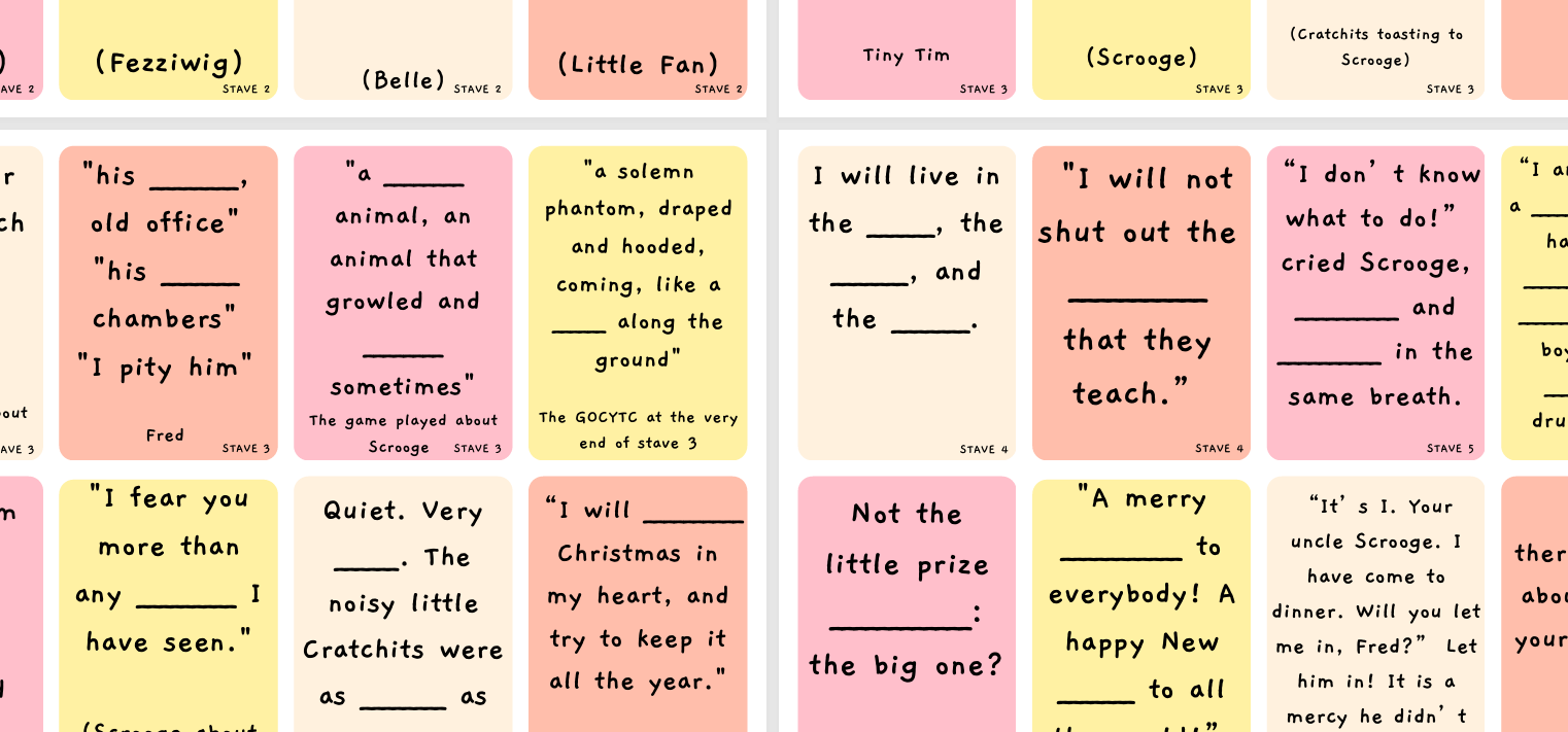 Colourful sticky notes with text excerpts and key quotations from a Christmas Carol, arranged in a grid.